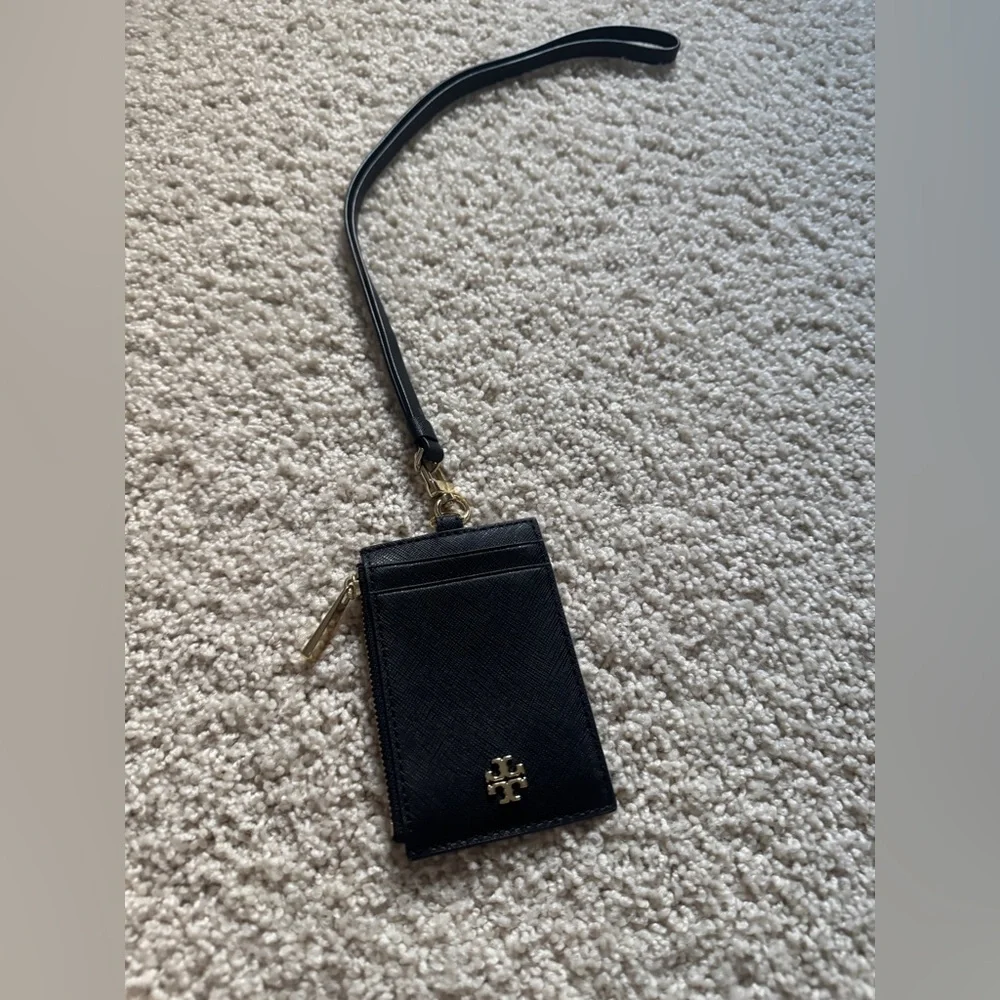 Tory Burch Black Leather Wristlet Card Case with Gold Logo NWOT - Picture 1 of 9